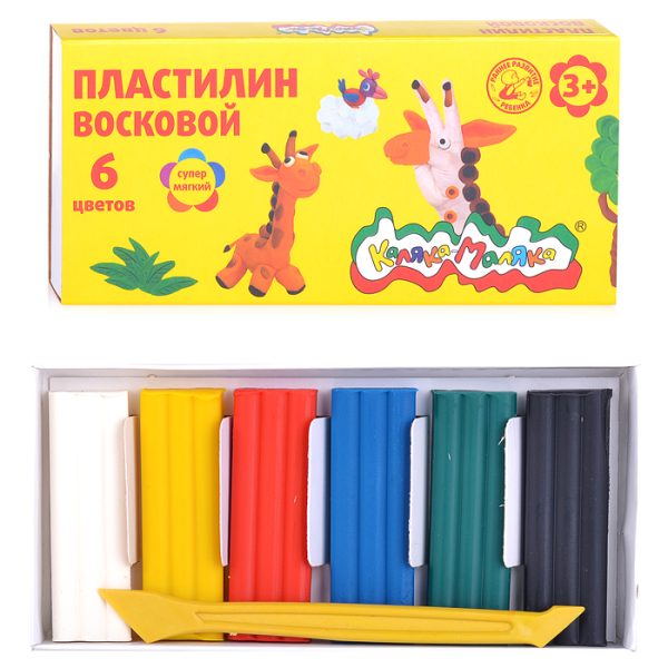 Пластилин восковой 6 цв. 90 г, со стеком