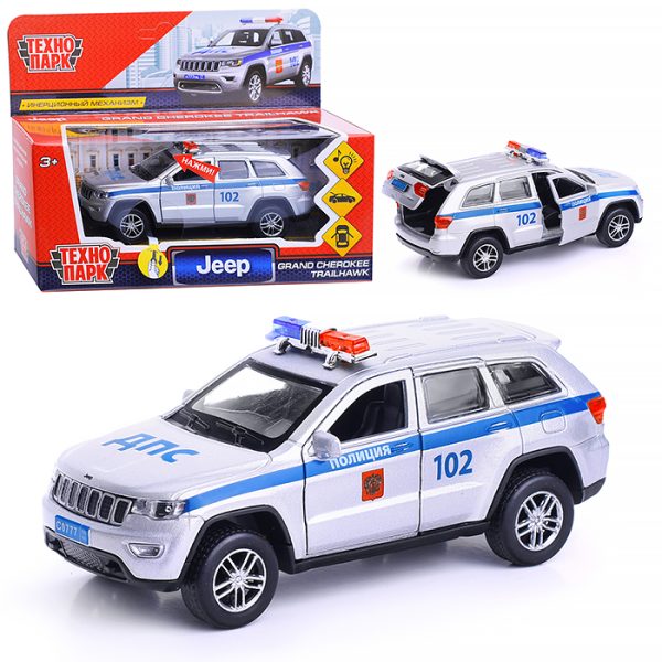 Машина металл Jeep grand cherokee полиция, 12см, свет-звук, инерц., серебр.