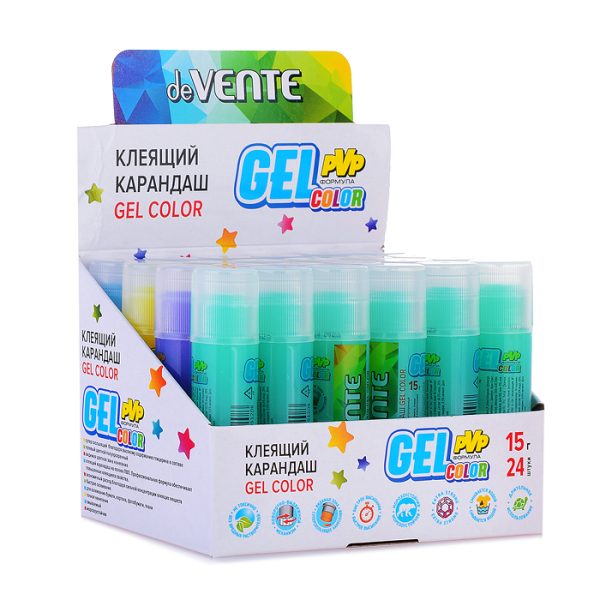 Клеящий карандаш PVP основа "Color Gel" 15 г гелевый цветной полупрозрачный, 4 цвета ассорти (голубой, зеленый, фиолетовый, желтый) в картонном дисплее с пластиковым поддоном 3